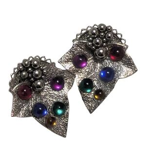 Vintage Leaf Clip Earrings with Multicolor Cabochons